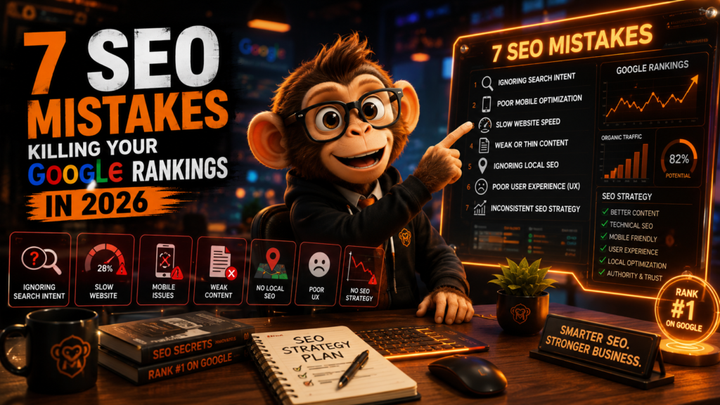Cute smart monkey explaining the 7 biggest SEO mistakes hurting Google rankings in 2026 inside a futuristic digital marketing workspace.